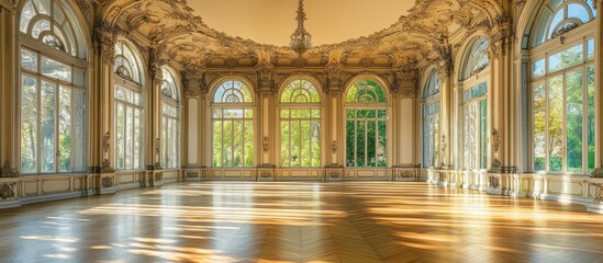 Fototapeta premium Grand Ballroom with Sunlight Streaming Through Ornate Windows