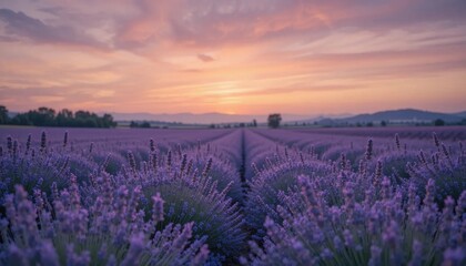 Obraz premium Lavender Sunset: Serene Lavender Field at Golden Hour