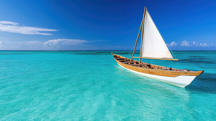 Fototapeta premium Traditional boat sailing on calm turquoise sea under clear blue sky