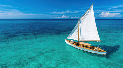 Fototapeta premium Sailing boat gliding on calm turquoise waters under clear blue sky