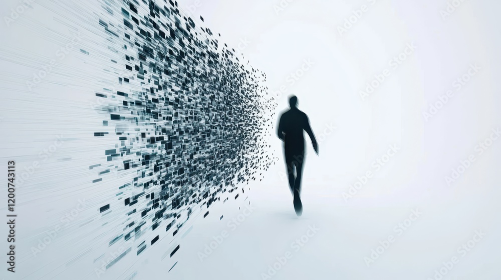Poster dynamic representation of data flow in digital transformation with abstract human silhouette running