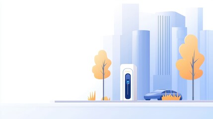 Modern Electric Car Charging Station in Urban Environment with Skyscrapers and Trees