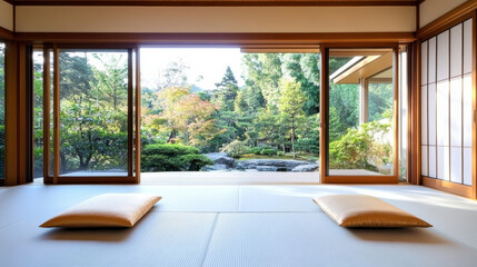 Fototapeta premium serene wooden ryokan interior with tatami mats and garden view