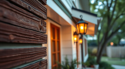 Charming Home Exterior at Dusk: Warm Lighting and Wooden Details