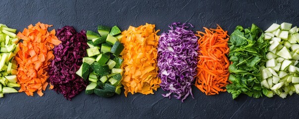 A vibrant array of finely chopped vegetables, including carrots, cucumbers, and purple cabbage, artistically arranged on a dark surface.