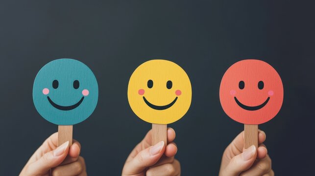 Ethereal Representation of Customer Satisfaction with Colorful Smiley Face Stickers and Hands Against a Dark Background