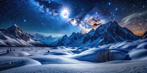 Fototapeta premium Night descends on a snow-covered mountain range, a breathtaking starry vista.