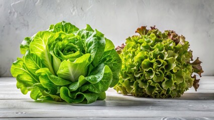 Fresh Green Delights: Architectural Photography of Two Unique Lettuce Varieties on a White Table