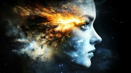 Cosmic Woman Nebula Face and Celestial Fire