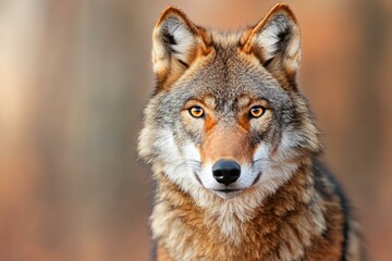 Fototapeta premium Close up portrait of a wolf gazing directly at the camera in natural habitat