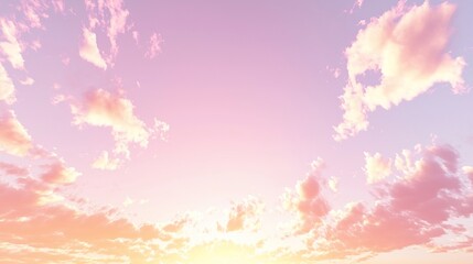 Soft pink and orange sunset sky with fluffy clouds.