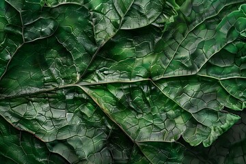 Fototapeta premium Close-up of textured green leaves showcasing intricate patterns and vibrant colors.