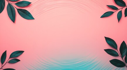 Pink background with green leaves and water ripple effect in a natural setting