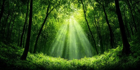 Obraz premium Forest scene with sunlight filtering through the trees creating a serene natural atmosphere