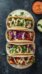 Colorful tacos topped with fresh vegetables and drizzled sauces, served with dips, showcasing a vibrant and appetizing meal.