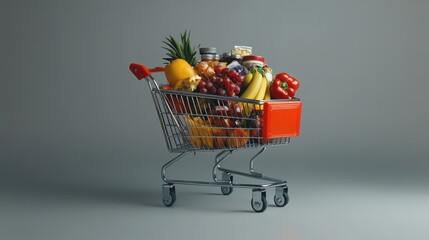 Full Shopping Cart of Fresh Produce and Groceries