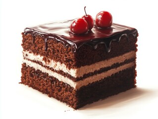 Slice of chocolate cake on a white plate with fork and napkin on wooden table background