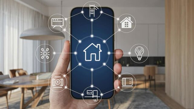 Smart Home Control: A hand holds a smartphone displaying a network of smart home icons, illustrating seamless control over home appliances and security.