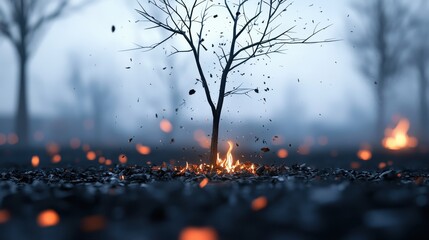 Fusion of Firelight and Darkness in an Artistic Representation of a Tree Surrounded by Flames and Ashes