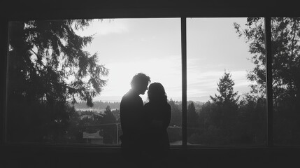 Fototapeta premium Couple Silhouetted Against Sunset Window View