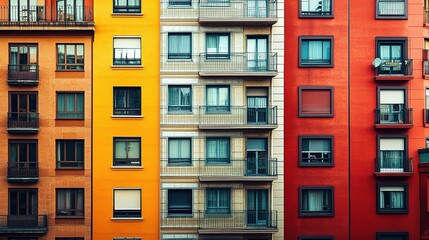 Fototapeta premium Vibrant City Apartments: A striking image showcasing the architectural details of three buildings with contrasting colors; orange, beige and red, creating a visually captivating urban landscape. 