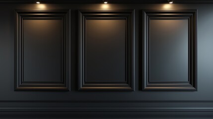 Dark gray wall with three black frames and cinematic lighting.