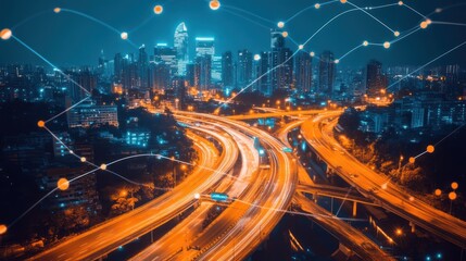 Night cityscape with highway and digital network overlay.