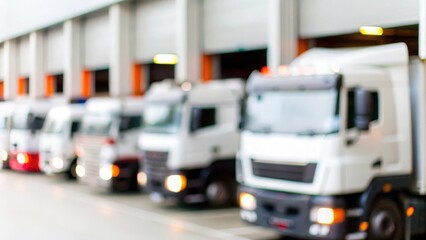 Fototapeta premium Loading Dock Scene: Soft-focus view of trucks aligned outside a factory warehouse. 
