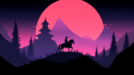 Fototapeta premium Cowboy Rides Horse Across Asian Landscape Sunset