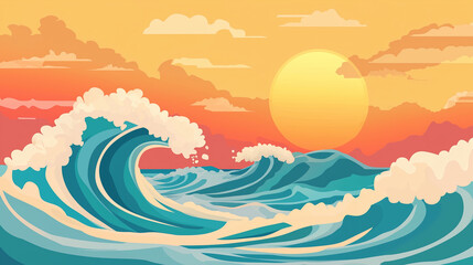 Stylized Ocean Waves at Sunset with Orange Sky