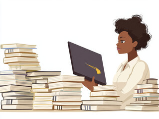 Confident woman holding diploma surrounded by stacks of books, symbolizing achievement and