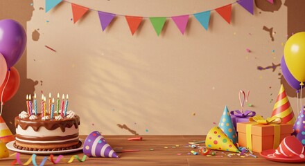 Fototapeta premium Festive Birthday Cake with Presents Balloons and Party Hats on Wooden Table