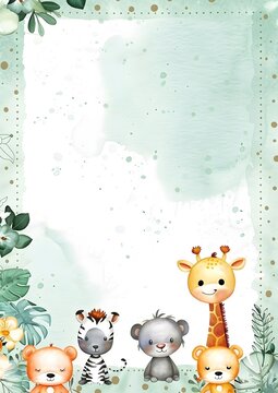 A cute animal-themed border design featuring a giraffe, zebra, and other animals.