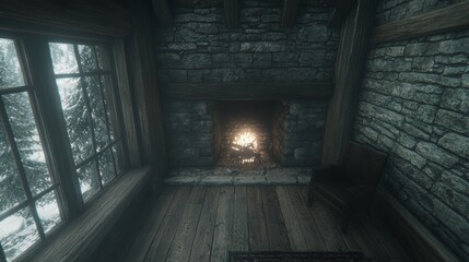 Cozy Winter Cabin Fireplace Scene, Snow Covered Trees View