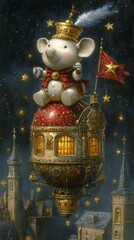 A regal mouse king ascends in a fantastical hot air balloon over a cityscape at night