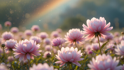 Fototapeta premium Pink flowers field at sunset with rainbow.
