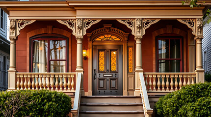 Fototapeta premium Victorian House Exterior: Elegant Brick Facade with Classic Porch and Columns
