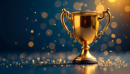Golden trophy on reflective surface with glowing bokeh lights in warm tones, celebratory ambiance with elegant design