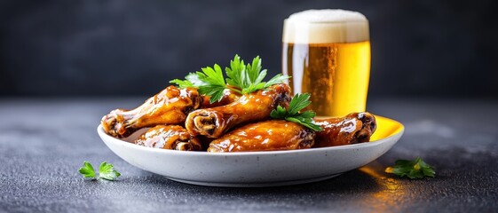 Craft beer and buffalo wings food pairing concept. Delicious chicken wings served with a cold beer in a stylish setting