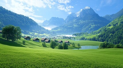 Fototapeta premium Serene mountain landscape with lush greenery and tranquil lake.