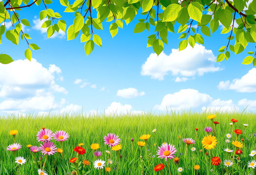 Serene Spring Meadow with Vibrant Flowers and Clear Blue Sky