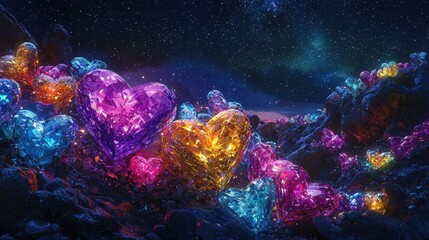Fototapeta premium Colorful Heart-Shaped Crystals in a Mystical Night Landscape