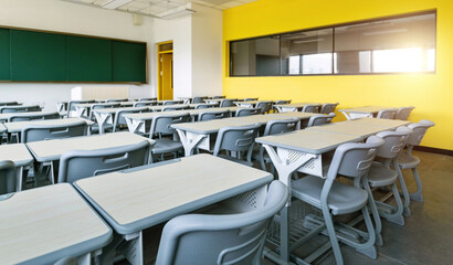 Modern classroom with desks and chairs