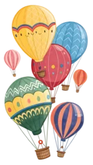 Colorful Hot Air Balloon Dreams: A whimsical watercolor illustration of six cheerful hot air balloons soaring through the sky. Each balloon is adorned with unique patterns and designs.