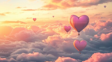 Fototapeta premium Romantic Heart Shaped Hot Air Balloons Floating Above Colorful Clouds