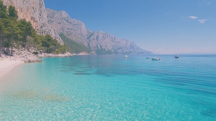 Fototapeta premium Crystal Clear Adriatic Sea Coastal Scene with Boats
