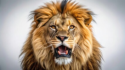 Obraz premium Majestic Lion Roaring Close-Up Portrait on White Background - Studio Animal Photography for Wildlife Enthusiasts and Nature Lovers