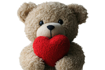 Soft teddy bear holding a red heart shows love and affection in a cozy setting isolated on transparent background
