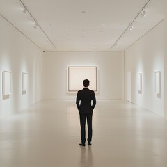 Obraz premium Airy, minimalist white gallery with a man in black near a frame.