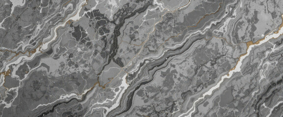 Fototapeta premium Abstract gray marble texture with gold accents and flowing patterns.